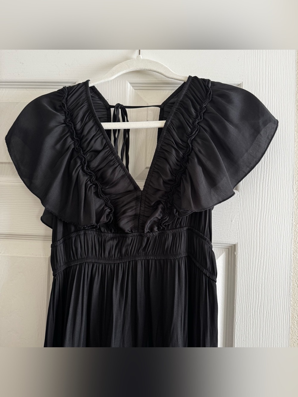 Smocked Waist Black Midi Dress with Ruffled V-Neck